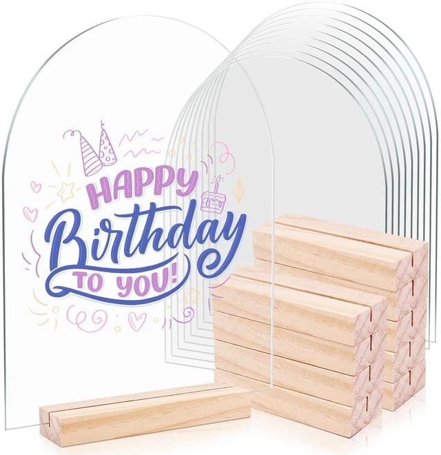 Main image of 10 Pack 8x10 Inch Blank Clear Arch Acrylic Sign with Wooden Stands, Arched Round Top Acrylic Sheet, Arch Table Numbers for DIY Name Card Gifts Event Party Sign Decoration