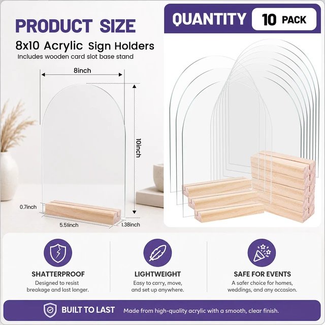Alt view image 2 of 7 - 10 Pack 8x10 Inch Blank Clear Arch Acrylic Sign with Wooden Stands, Arched Round Top Acrylic Sheet, Arch Table Numbers for DIY Name Card Gifts Event Party Sign Decoration