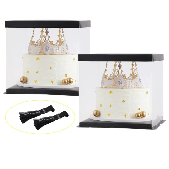 Alt view image 2 of 7 - 2Pcs Large Cake PET Clear Box, 10" X 10" X 9" with ribbon and pre-folded lid, for 8" cake packing carry, baking cookie display, Carry Tall Layer Gift, Festive Gift Box -Black