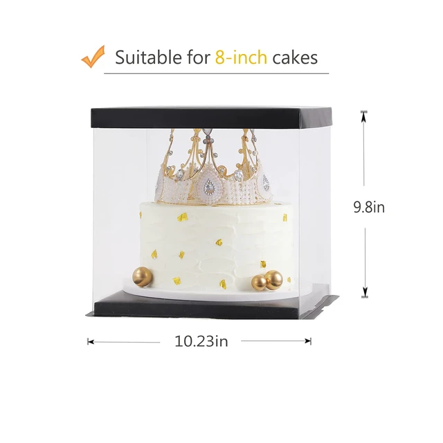 Alt view image 3 of 7 - 2Pcs Large Cake PET Clear Box, 10" X 10" X 9" with ribbon and pre-folded lid, for 8" cake packing carry, baking cookie display, Carry Tall Layer Gift, Festive Gift Box -Black