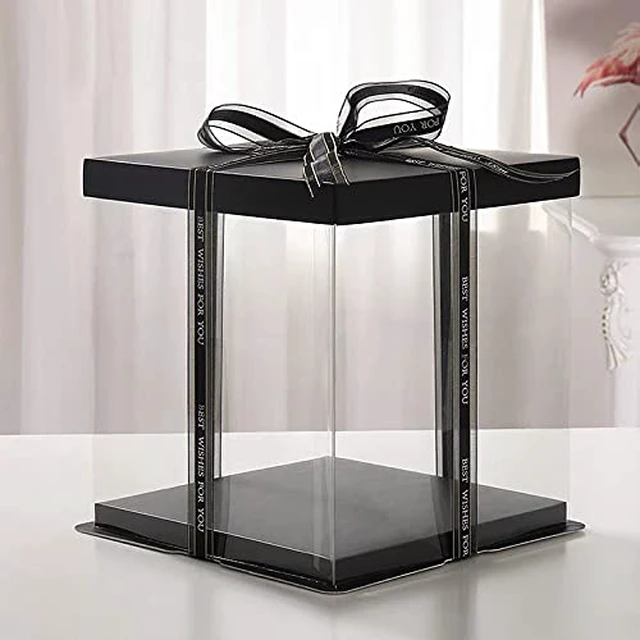 Alt view image 4 of 7 - 2Pcs Large Cake PET Clear Box, 10" X 10" X 9" with ribbon and pre-folded lid, for 8" cake packing carry, baking cookie display, Carry Tall Layer Gift, Festive Gift Box -Black