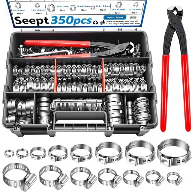 Main image of 350Pcs 5.3-51mm Single Ear Hose Clamps with Worm Gear Hose Clamps Assortment Kit Pack in Handheld Box for Auto/Home Appliance/Pipe/Fuel Line