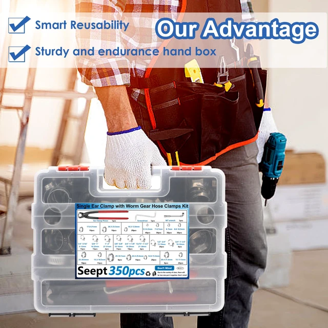 Alt view image 2 of 7 - 350Pcs 5.3-51mm Single Ear Hose Clamps with Worm Gear Hose Clamps Assortment Kit Pack in Handheld Box for Auto/Home Appliance/Pipe/Fuel Line