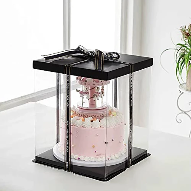 Alt view image 5 of 7 - 2Pcs Large Cake PET Clear Box, 10" X 10" X 9" with ribbon and pre-folded lid, for 8" cake packing carry, baking cookie display, Carry Tall Layer Gift, Festive Gift Box -Black