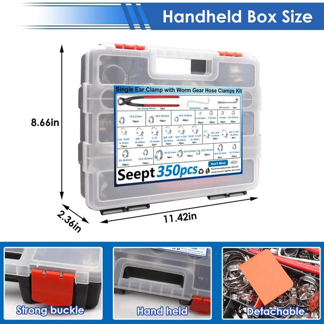 Alt view image 7 of 7 - 350Pcs 5.3-51mm Single Ear Hose Clamps with Worm Gear Hose Clamps Assortment Kit Pack in Handheld Box for Auto/Home Appliance/Pipe/Fuel Line