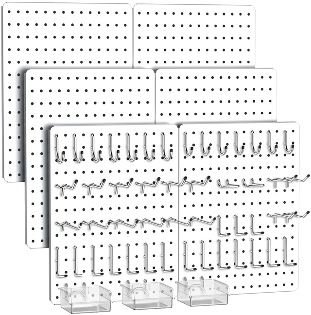 Main image of Peg Board, 112pcs Metal PegBoard Organizer with Accessories, 6 Pack 16'' x 12'' White Pegboard Panels with Hooks, Wall Organizer for Craft Room,Sewing Room,Office,Garage,Kitchen