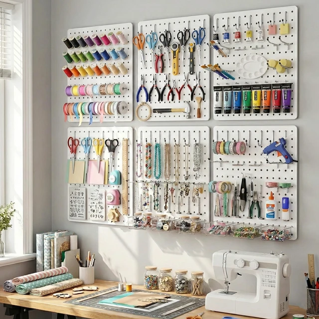 Alt view image 2 of 7 - Peg Board, 112pcs Metal PegBoard Organizer with Accessories, 6 Pack 16'' x 12'' White Pegboard Panels with Hooks, Wall Organizer for Craft Room,Sewing Room,Office,Garage,Kitchen