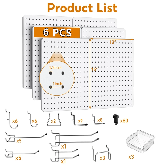 Alt view image 3 of 7 - Peg Board, 112pcs Metal PegBoard Organizer with Accessories, 6 Pack 16'' x 12'' White Pegboard Panels with Hooks, Wall Organizer for Craft Room,Sewing Room,Office,Garage,Kitchen