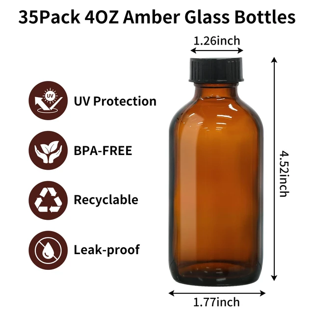 Alt view image 2 of 7 - 4oz Amber Glass Boston Round Bottles for Vanilla Extract, 35Pack Brown Glass Bottles with Phenolic Polycone Caps, Airtight & Leak-Proof for Condiments, Essential Oils and Homemade Solutions