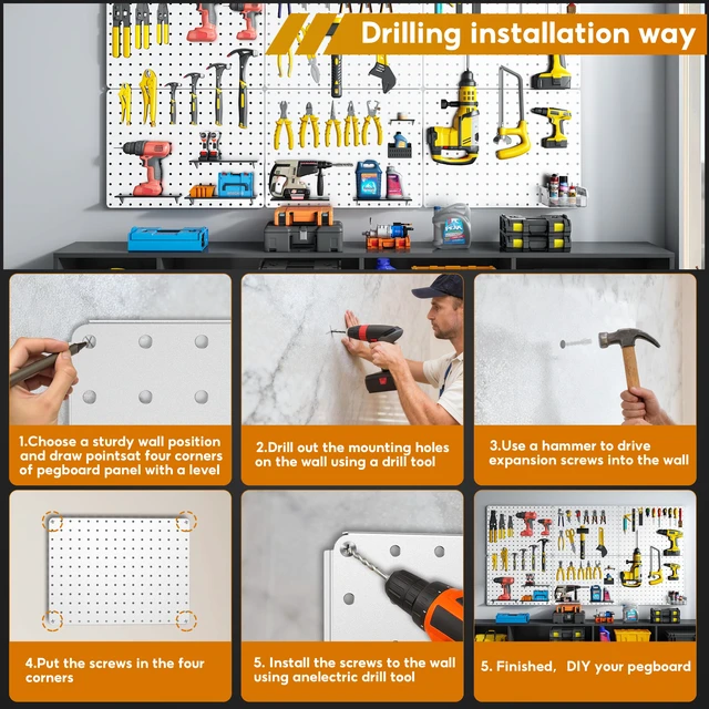 Alt view image 4 of 7 - Peg Board, 112pcs Metal PegBoard Organizer with Accessories, 6 Pack 16'' x 12'' White Pegboard Panels with Hooks, Wall Organizer for Craft Room,Sewing Room,Office,Garage,Kitchen