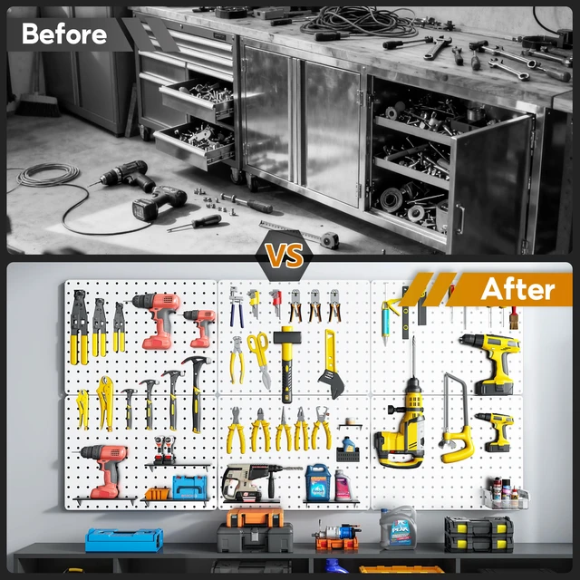 Alt view image 5 of 7 - Peg Board, 112pcs Metal PegBoard Organizer with Accessories, 6 Pack 16'' x 12'' White Pegboard Panels with Hooks, Wall Organizer for Craft Room,Sewing Room,Office,Garage,Kitchen