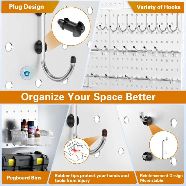 Alt view image 6 of 7 - Peg Board, 112pcs Metal PegBoard Organizer with Accessories, 6 Pack 16'' x 12'' White Pegboard Panels with Hooks, Wall Organizer for Craft Room,Sewing Room,Office,Garage,Kitchen