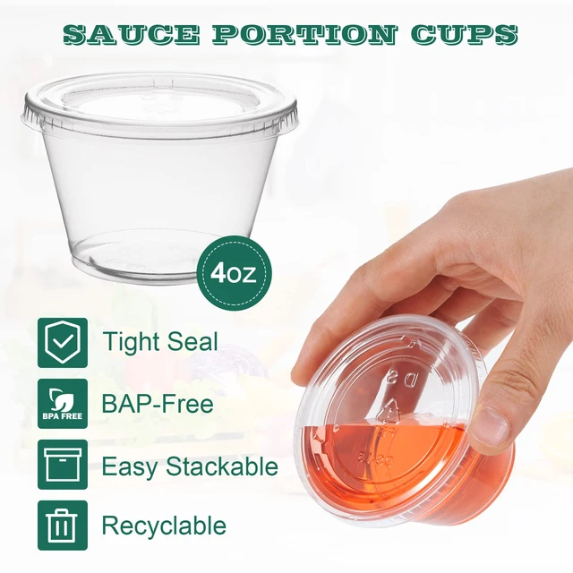 Alt view image 2 of 7 - 360 Sets 4 oz Plastic Portion Cups with Lids, Plastic Sauce Cups with Lids Leak-proof sealing lids for sauces, jelly shots, souffle, condiments, dressings, for daily use, commercial kitchens, takeaway