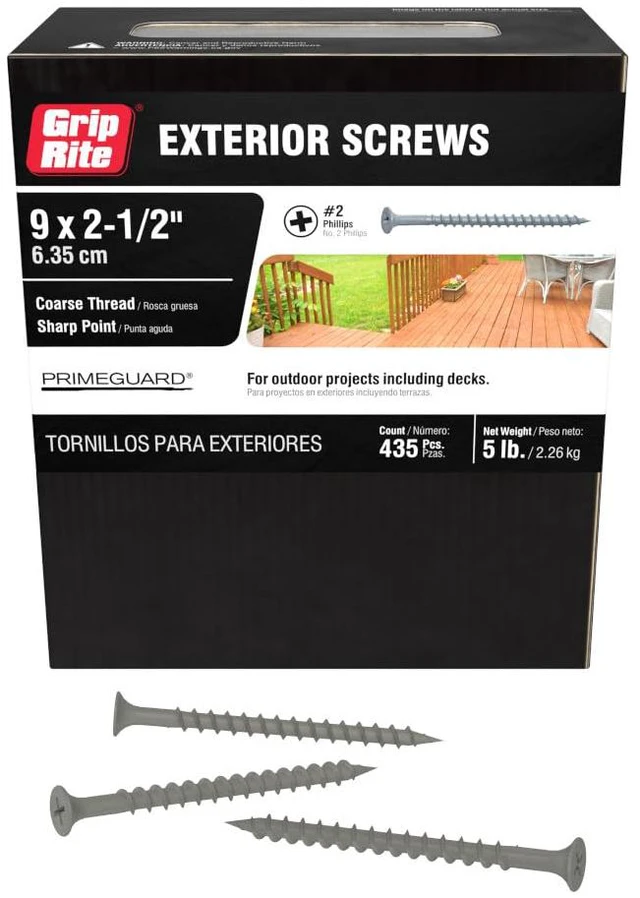 Main image of Exterior Screws - Safe for Use in Treated Lumber - #2 Phillips Bugle Head - Coarse Thread Deck Screws - PrimeGuard Coating - 5lb Box - #9 x 2-1/2" - Gray - PTN212S5