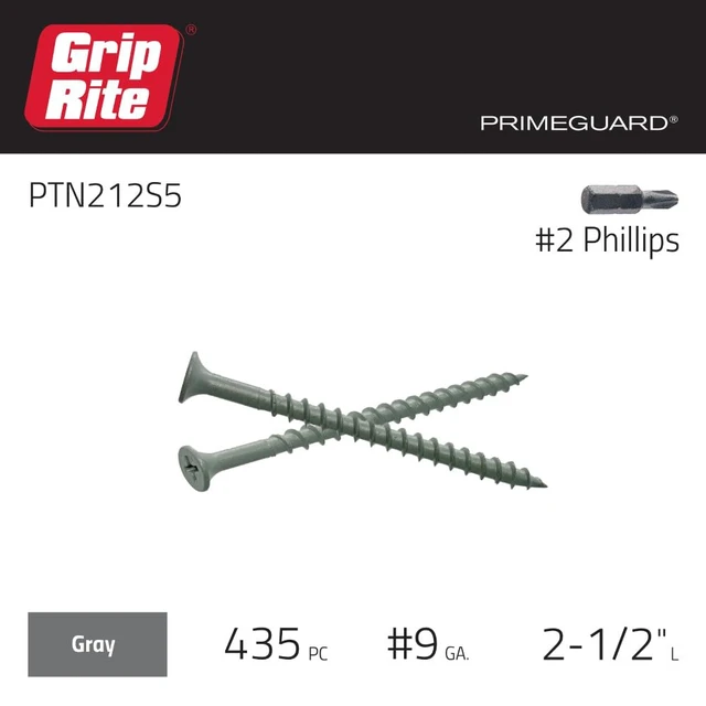 Alt view image 3 of 7 - Exterior Screws - Safe for Use in Treated Lumber - #2 Phillips Bugle Head - Coarse Thread Deck Screws - PrimeGuard Coating - 5lb Box - #9 x 2-1/2" - Gray - PTN212S5