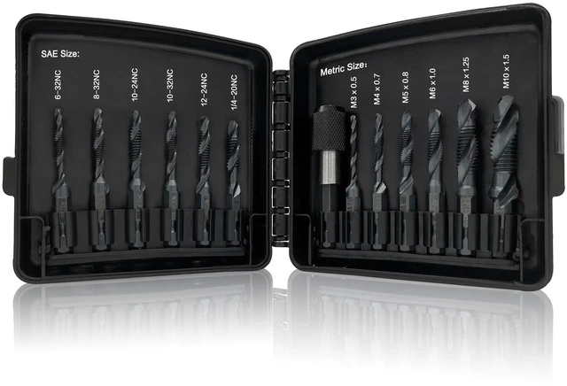 Main image of Drill & Tap Bits Set of 13 pcs - 6 SAE Sizes: 6-32NC to 1/4-20NC, 6 Metric Sizes: M3 to M10 and a Quick-Change Adapter Combine Drilling Tapping Threading Countersinking Functions in One Bit, Black