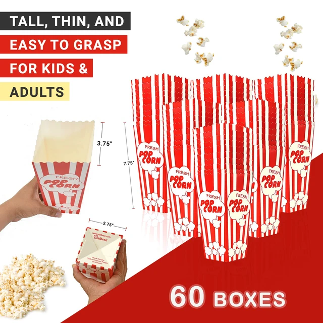 Alt view image 2 of 7 - 60 Tall Movie Night Paper Popcorn Boxes Nostalgic Red White Stripes Large buckets hold 46oz, stand 7.75 inches, with vintage, old-fashioned retro carnival stripes. Other quantities available