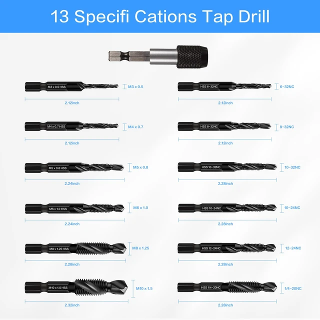 Alt view image 2 of 6 - Drill & Tap Bits Set of 13 pcs - 6 SAE Sizes: 6-32NC to 1/4-20NC, 6 Metric Sizes: M3 to M10 and a Quick-Change Adapter Combine Drilling Tapping Threading Countersinking Functions in One Bit, Black