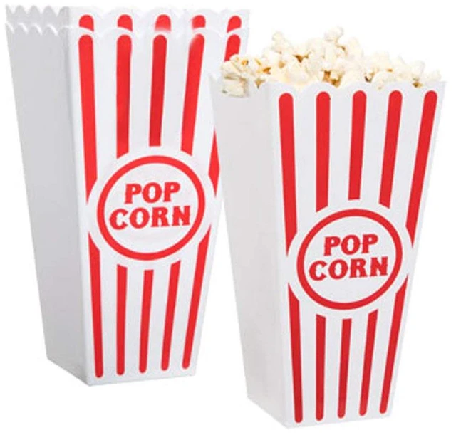 Main image of Plastic Red & White Striped Classic Popcorn Containers for Movie Night - 7.8" Tall x 3.8" Square (16 Pack)