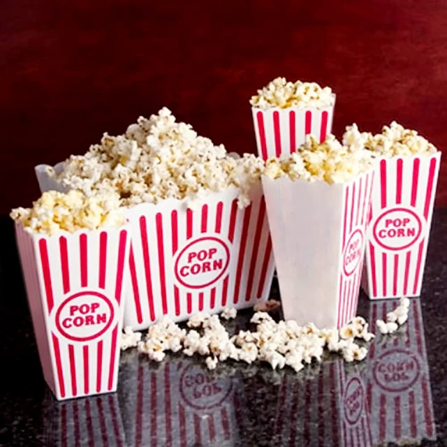 Alt view image 6 of 7 - Plastic Red & White Striped Classic Popcorn Containers for Movie Night - 7.8" Tall x 3.8" Square (16 Pack)