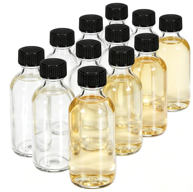 Main image of 12-Pack 2 oz (60ml) Small Glass Boston Round Bottles with Lids Leak-Proof Mini Travel Containers for Essential Oil, Portioning, Lotion, Samples W/Labels, Funnels & Brushes