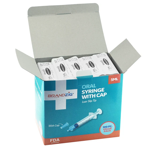 Alt view image 5 of 5 - 5ml Syringe With Cap (100 Pack) | Oral Dispenser Without Needle, Luer Slip Tip, | Individually Wrapped Medicine Dropper For Infants & Pets