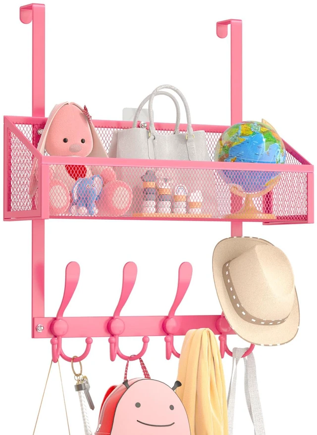 Main image of Over The Door Hooks Organizer, Coat Rack Over The Door Storage Hanger Towel Rack, Back of Door Storage Organizer for Bathroom,Bedroom,Kitchen,Office (Pink, 2-Tier)