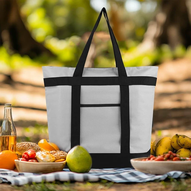 Alt view image 2 of 7 - 2PK Insulated Grocery Tote Bags with Top Zipper, Grey, 39L Large Reusable Cooler Bags, Leak-Resistant Thermal Shopping Bag for Food Delivery, Beach, Travel, Picnic/Camping, Collapsible