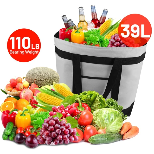 Alt view image 3 of 7 - 2PK Insulated Grocery Tote Bags with Top Zipper, Grey, 39L Large Reusable Cooler Bags, Leak-Resistant Thermal Shopping Bag for Food Delivery, Beach, Travel, Picnic/Camping, Collapsible