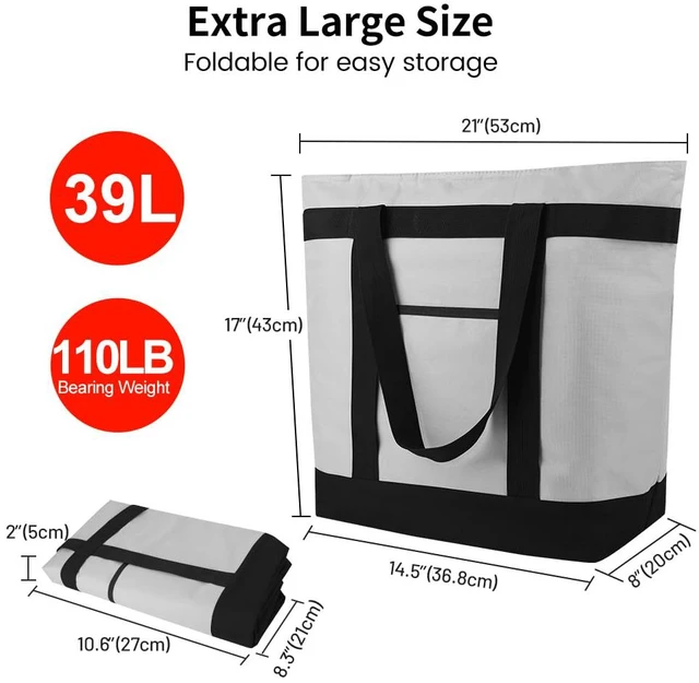 Alt view image 4 of 7 - 2PK Insulated Grocery Tote Bags with Top Zipper, Grey, 39L Large Reusable Cooler Bags, Leak-Resistant Thermal Shopping Bag for Food Delivery, Beach, Travel, Picnic/Camping, Collapsible