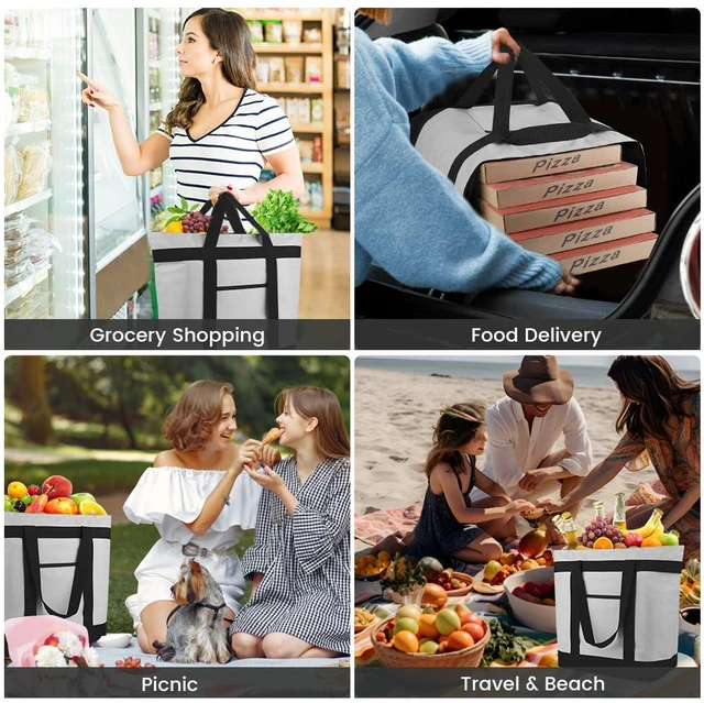 Alt view image 5 of 7 - 2PK Insulated Grocery Tote Bags with Top Zipper, Grey, 39L Large Reusable Cooler Bags, Leak-Resistant Thermal Shopping Bag for Food Delivery, Beach, Travel, Picnic/Camping, Collapsible