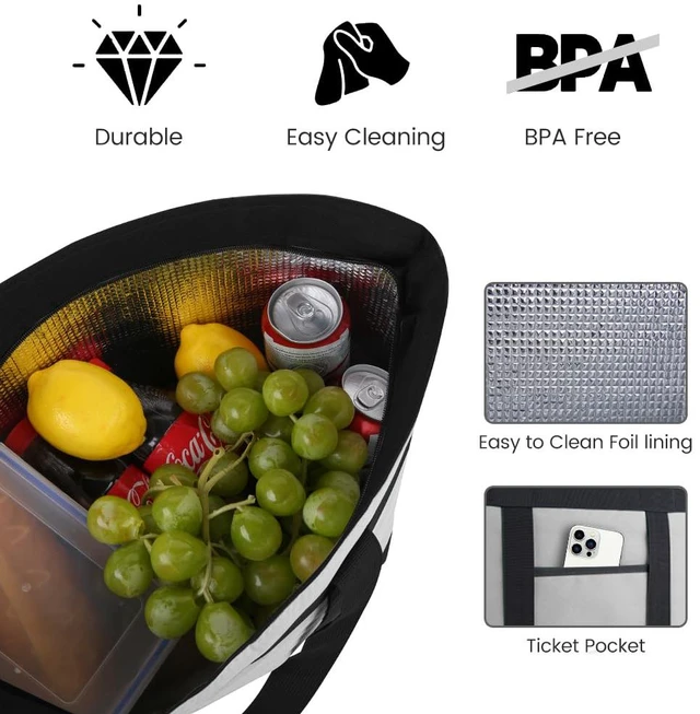 Alt view image 6 of 7 - 2PK Insulated Grocery Tote Bags with Top Zipper, Grey, 39L Large Reusable Cooler Bags, Leak-Resistant Thermal Shopping Bag for Food Delivery, Beach, Travel, Picnic/Camping, Collapsible