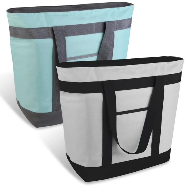 Main image of 2PK Insulated Grocery Tote Bags with Top Zipper, Green, 39L Large Reusable Cooler Bags, Leak-Resistant Thermal Shopping Bag for Food Delivery, Beach, Travel, Picnic/Camping, Collapsible