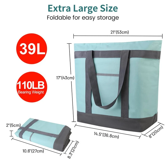 Alt view image 2 of 7 - 2PK Insulated Grocery Tote Bags with Top Zipper, Green, 39L Large Reusable Cooler Bags, Leak-Resistant Thermal Shopping Bag for Food Delivery, Beach, Travel, Picnic/Camping, Collapsible