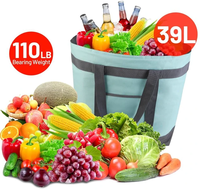 Alt view image 3 of 7 - 2PK Insulated Grocery Tote Bags with Top Zipper, Green, 39L Large Reusable Cooler Bags, Leak-Resistant Thermal Shopping Bag for Food Delivery, Beach, Travel, Picnic/Camping, Collapsible