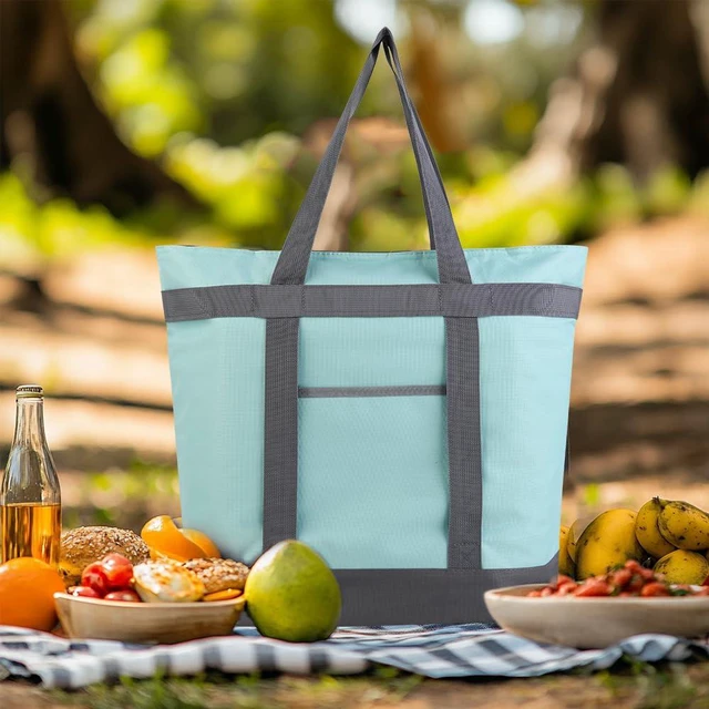Alt view image 5 of 7 - 2PK Insulated Grocery Tote Bags with Top Zipper, Green, 39L Large Reusable Cooler Bags, Leak-Resistant Thermal Shopping Bag for Food Delivery, Beach, Travel, Picnic/Camping, Collapsible