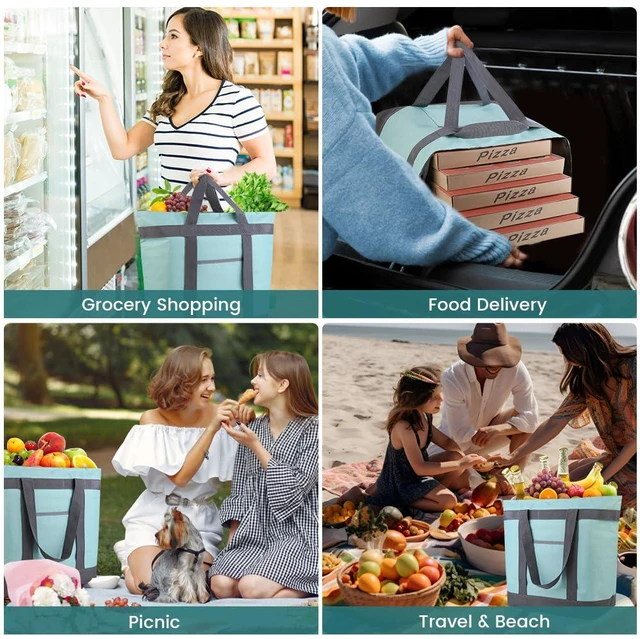 Alt view image 4 of 7 - 2PK Insulated Grocery Tote Bags with Top Zipper, Green, 39L Large Reusable Cooler Bags, Leak-Resistant Thermal Shopping Bag for Food Delivery, Beach, Travel, Picnic/Camping, Collapsible