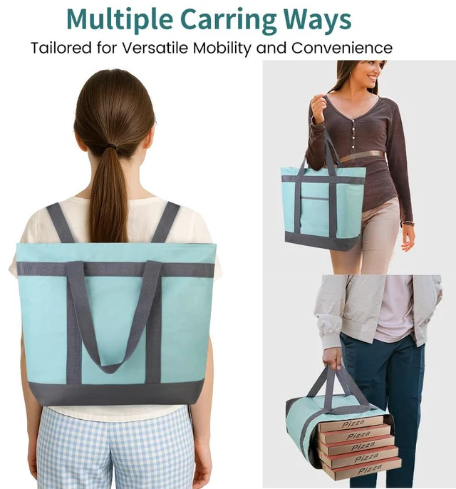 Alt view image 6 of 7 - 2PK Insulated Grocery Tote Bags with Top Zipper, Green, 39L Large Reusable Cooler Bags, Leak-Resistant Thermal Shopping Bag for Food Delivery, Beach, Travel, Picnic/Camping, Collapsible