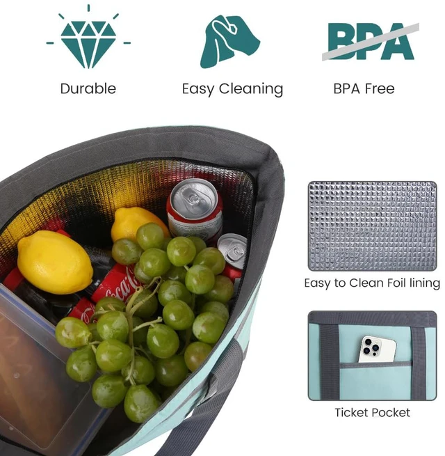Alt view image 7 of 7 - 2PK Insulated Grocery Tote Bags with Top Zipper, Green, 39L Large Reusable Cooler Bags, Leak-Resistant Thermal Shopping Bag for Food Delivery, Beach, Travel, Picnic/Camping, Collapsible