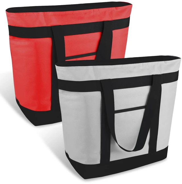 Main image of 2PK Insulated Grocery Tote Bags with Top Zipper, Red, 39L Large Reusable Cooler Bags, Leak-Resistant Thermal Shopping Bag for Food Delivery, Beach, Travel, Picnic/Camping, Collapsible