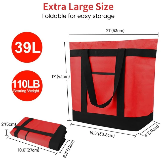 Alt view image 2 of 7 - 2PK Insulated Grocery Tote Bags with Top Zipper, Red, 39L Large Reusable Cooler Bags, Leak-Resistant Thermal Shopping Bag for Food Delivery, Beach, Travel, Picnic/Camping, Collapsible