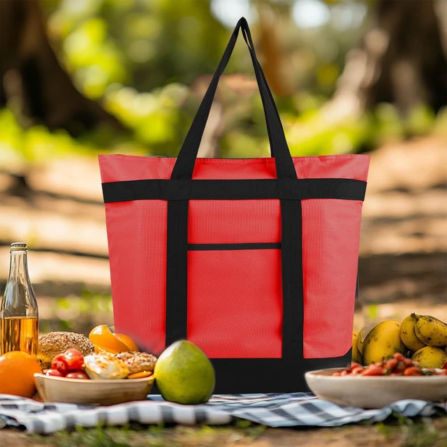 Alt view image 4 of 7 - 2PK Insulated Grocery Tote Bags with Top Zipper, Red, 39L Large Reusable Cooler Bags, Leak-Resistant Thermal Shopping Bag for Food Delivery, Beach, Travel, Picnic/Camping, Collapsible