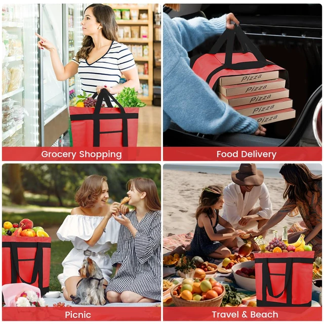 Alt view image 5 of 7 - 2PK Insulated Grocery Tote Bags with Top Zipper, Red, 39L Large Reusable Cooler Bags, Leak-Resistant Thermal Shopping Bag for Food Delivery, Beach, Travel, Picnic/Camping, Collapsible