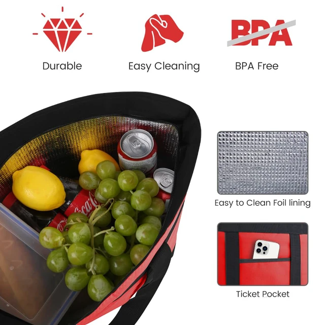 Alt view image 7 of 7 - 2PK Insulated Grocery Tote Bags with Top Zipper, Red, 39L Large Reusable Cooler Bags, Leak-Resistant Thermal Shopping Bag for Food Delivery, Beach, Travel, Picnic/Camping, Collapsible