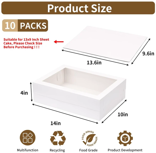 Alt view image 2 of 7 - 10pcs 14x10x4in Cake Boxes with Board, Rectangle Quarter Sheet Bakery Box Bakery Boxes with Window for Quarter Sheet Cake, Pastries, Donuts, Cookies, Cupcakes, Brownies & Pie Packaging