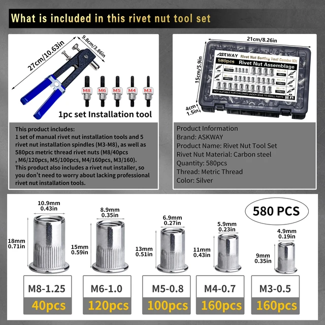 Alt view image 2 of 5 - Metric Rivet Nut Tool Set 580pcs Threaded Rivet Nut Tool Kit Carbon steel rivet nuts (M8, M6, M5, M4, M3), including rivet nut installation tools for easy and quick installation