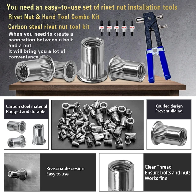 Alt view image 3 of 5 - Metric Rivet Nut Tool Set 580pcs Threaded Rivet Nut Tool Kit Carbon steel rivet nuts (M8, M6, M5, M4, M3), including rivet nut installation tools for easy and quick installation