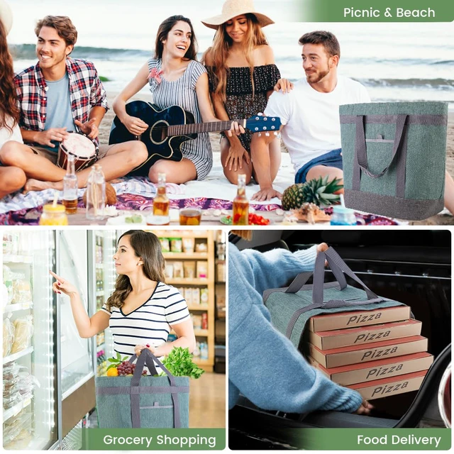 Alt view image 2 of 7 - Insulated Reusable Tote Bag for Grocery Shopping for Women/Men, Waterproof Cooler Bags for Travel/Beach/Picnic, Pizza/Food Delivery Bag to Keep Food Cold/Hot for Catering (Oxford Cloth, Green)