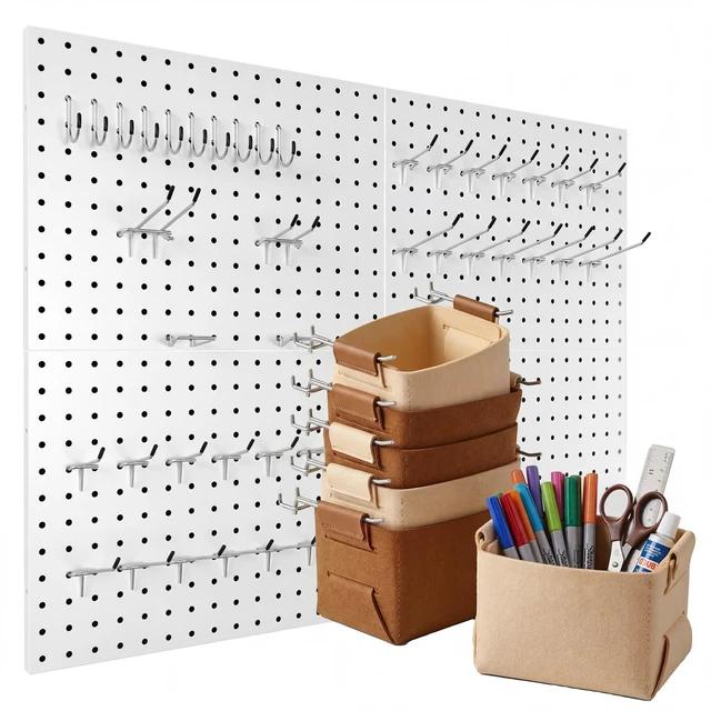 Main image of 4 Pack Peg Board Organizer, Includes Metal PegBoard and Accessories 16"x12" White Pegboard Panels with 50 Pcs Hooks and Baskets, Wall Organizer for Office, Craft Room, Garage, Sewing Room