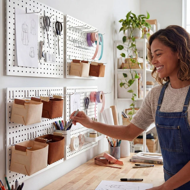 Alt view image 2 of 7 - 4 Pack Peg Board Organizer, Includes Metal PegBoard and Accessories 16"x12" White Pegboard Panels with 50 Pcs Hooks and Baskets, Wall Organizer for Office, Craft Room, Garage, Sewing Room